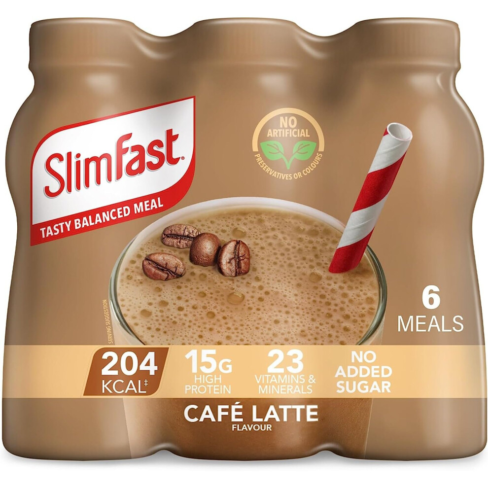 SlimFast Ready To Drink Shake Tasty Balanced Shake with 15g protein 23 Vitamins and Minerals and No Sugar Cafe Latte Flavour 6 x 325 ml Multipac