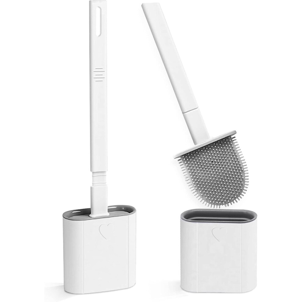 2 Pack Bathroom Silicone Toilet Brushes Holder SetsNo-Slip Long Plastic Handle Soft Flexible Bristles,Toilet Brushes holders Base Anti-drip (White)