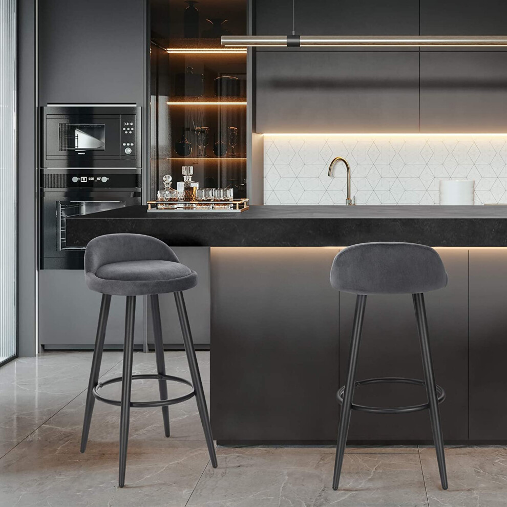Bar Stools Set of 2 Dark Grey Velvet Seat Bar Chairs Breakfast Kitchen Counter Islands Metal Legs