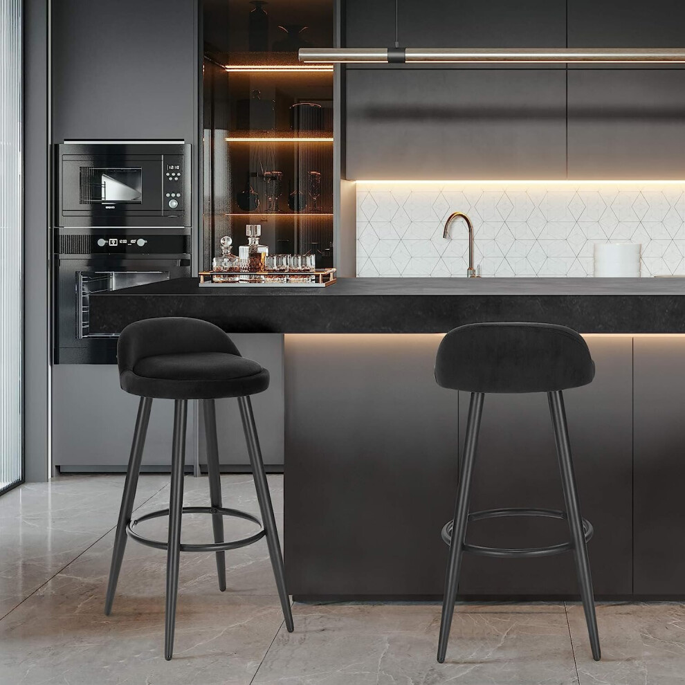 Bar Stools Set of 2 Black Velvet Seat Bar Chairs Breakfast Kitchen Counter Islands Metal Legs Barstools