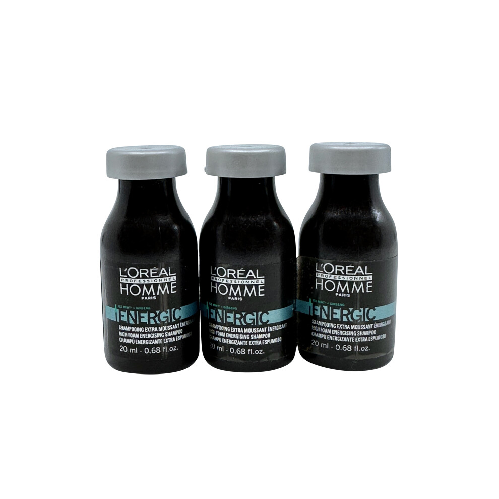 L'Oreal Homme Energic Energizing Shampoo 0.68 OZ Set of 3