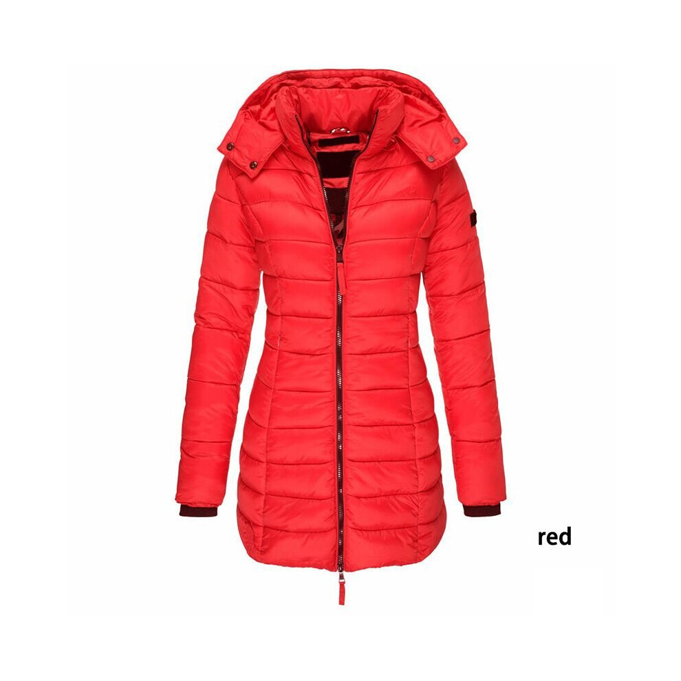 (Red, M) Womens Warm Winter Collar Hooded Long Coat Zipper Jacket Parka Outwear