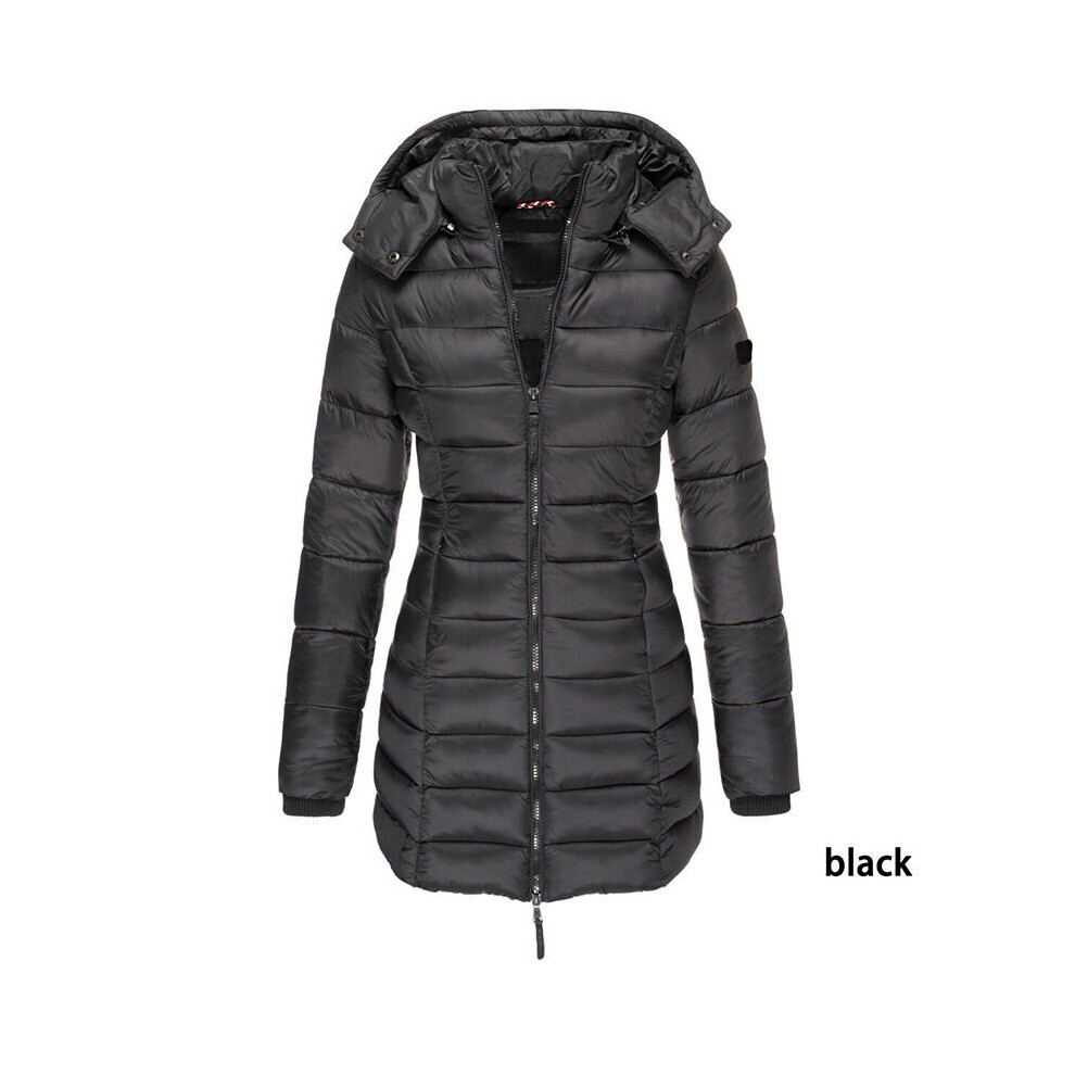 (Black, S) Womens Warm Winter Collar Hooded Long Coat Zipper Jacket Parka Outwear