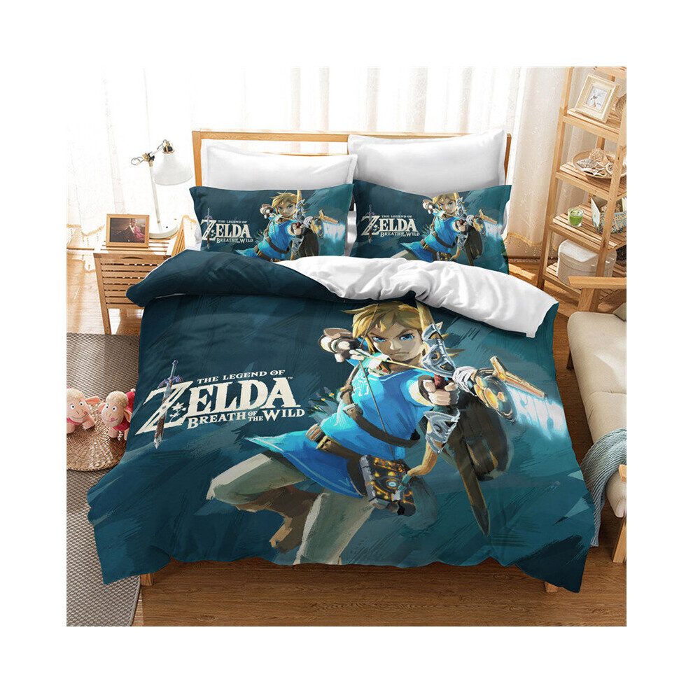 (Blue, EU-Single(2pcs):135×200cm) The Legend Of Zelda Bedding Set Cartoon 23pcs Duvet Cover Pillowcase King  Queen