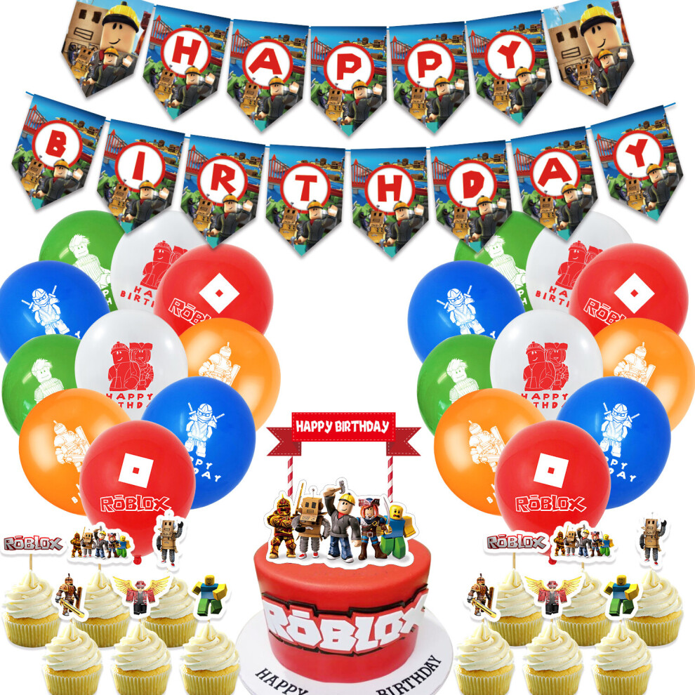 (48pcs Birthday Set) Roblox Party Birthday Supplies Banner Balloons Cake Toppers Cupcake Kit Decor
