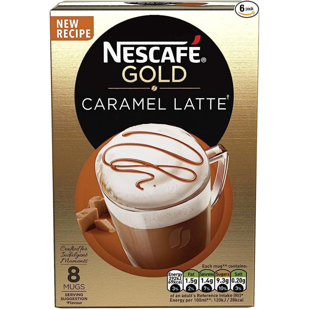 Nescafe Gold Caramel Latte Instant Coffee 8 x 17g Sachets (Pack of 6, Total 48 Sachets)