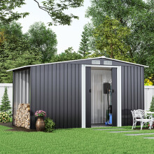 4x8ft Outdoor Garden Metal Storage Shed Log Wood Store House with Sliding Doors