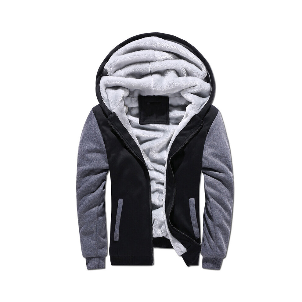 (BlackGray, L) Mens Thick Warm Fleece Fur Lined Hoodie Zip Up Winter Coat Jacket Top Sweatshirt