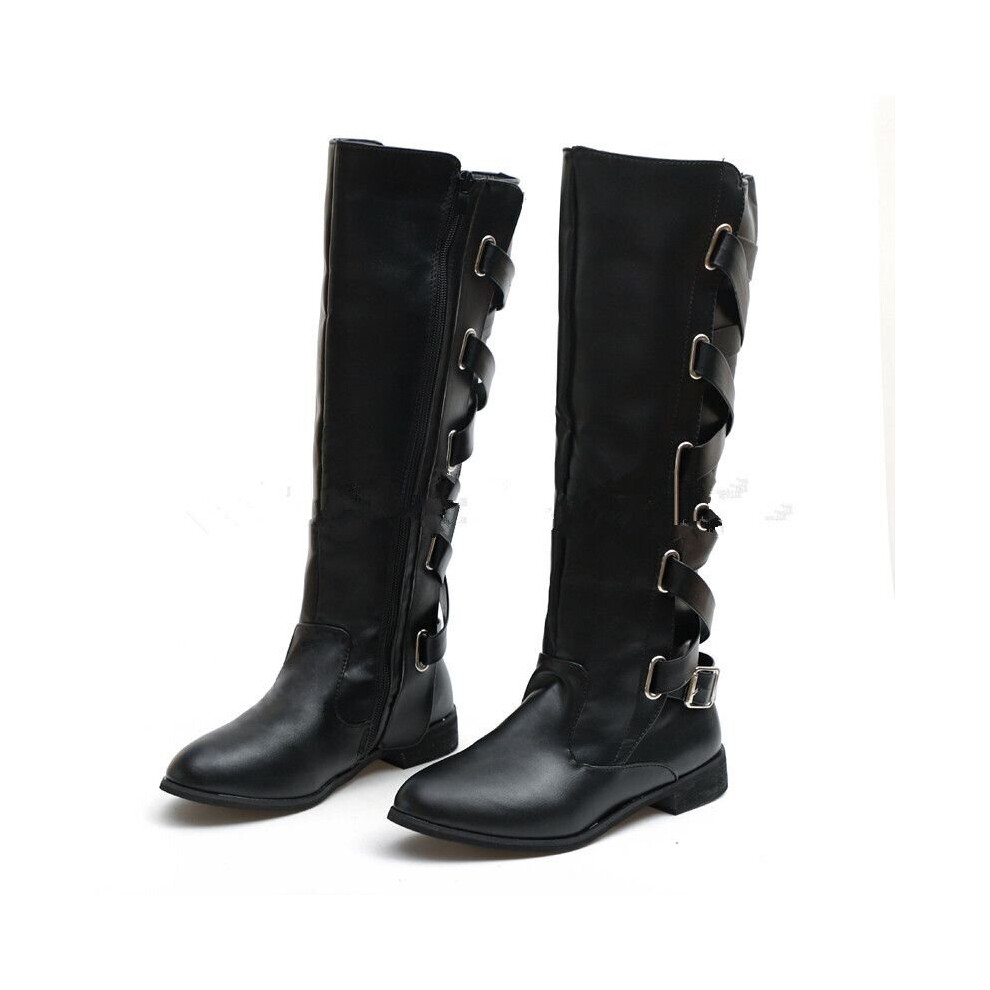 (Black, EU38) Women Flat Low Heel Knee High Ladies Leg Calf Boots Motorcycle Punk Riding Shoes