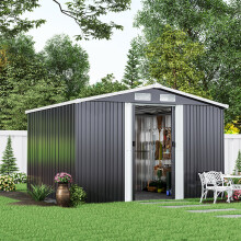 8 x 8 ft Metal Shed Garden Storage Shed with Base Foundation, Charcoal Black