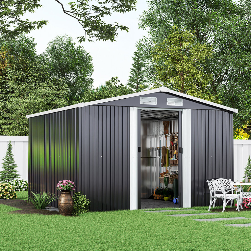 8 x 8 ft Metal Shed Garden Storage Shed with Base Foundation, Charcoal Black