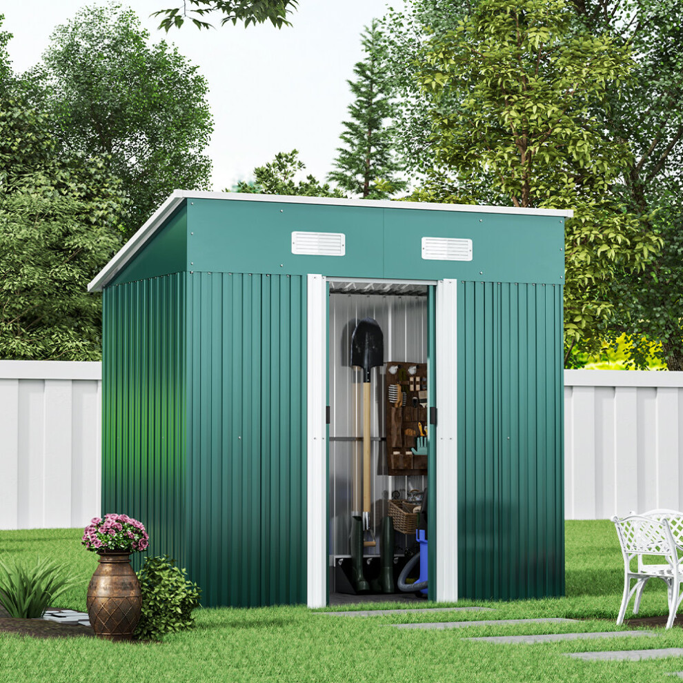 6 x 4 ft Pent Metal Garden Storage Shed Outdoor Tool House with Base, Dark Green