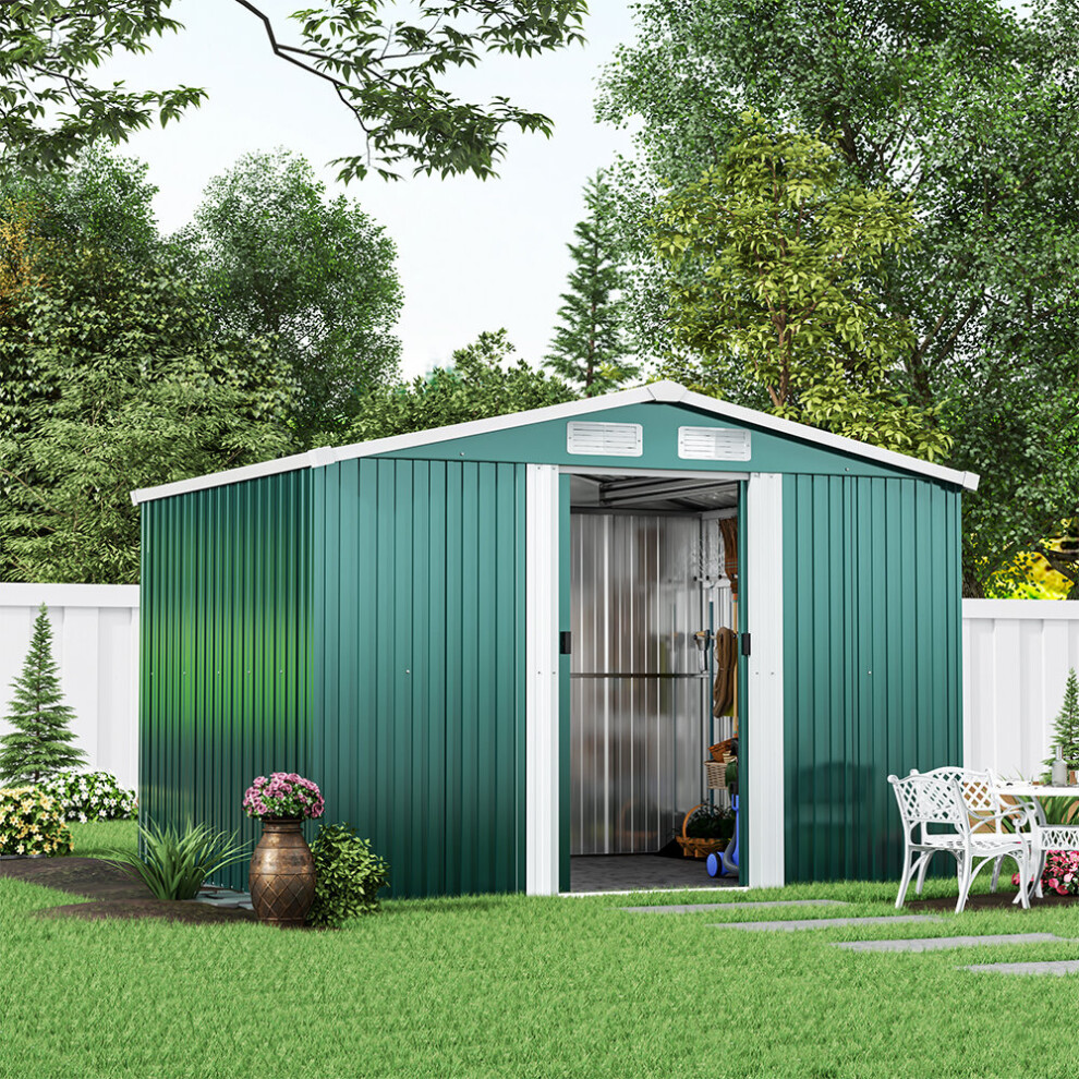 8 x 6 ft Metal Shed Garden Storage Shed Apex Roof Double Door with Base, Dark Green