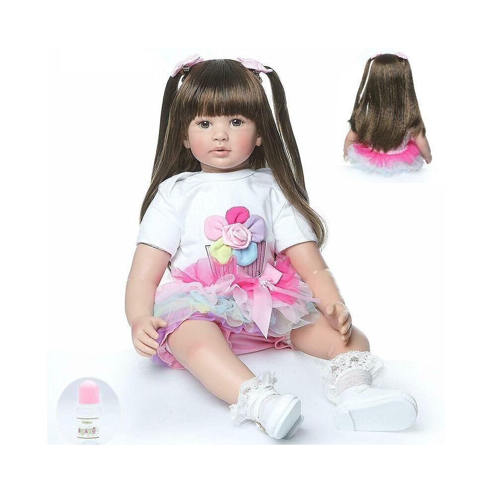 24"reborn Baby Dolls Vinyl Silicone Real Long Hair Toddler Doll Girl Toys Gifts