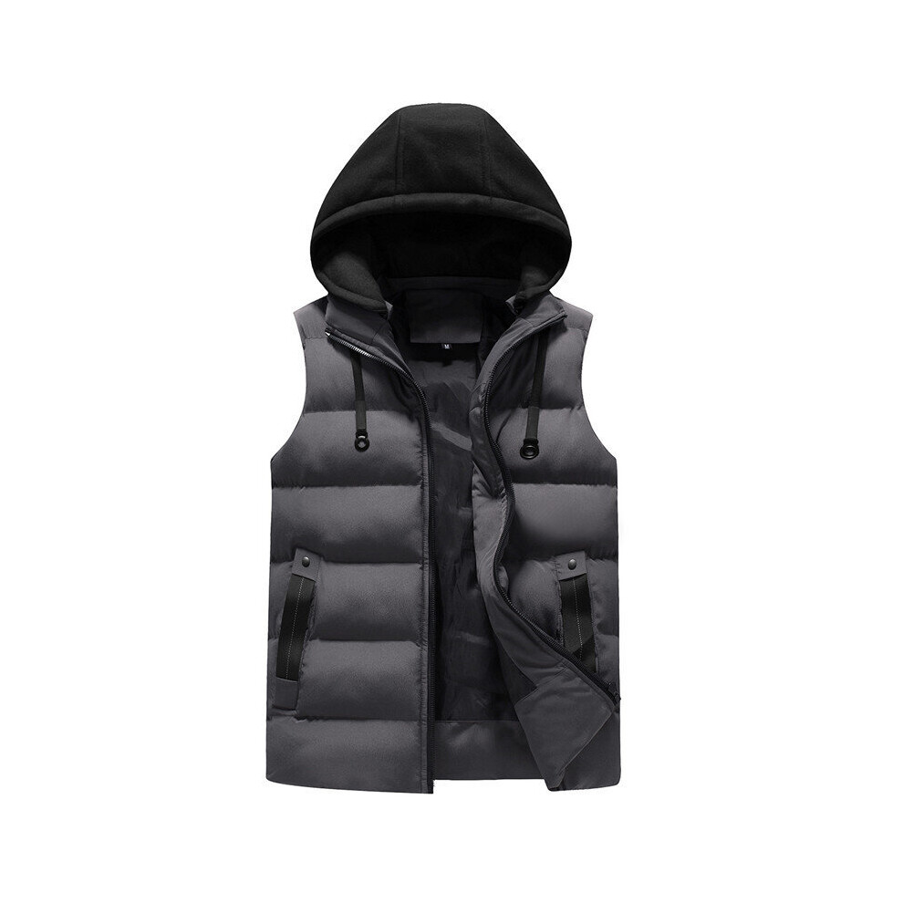 (Gray, L) Men Padded Gilet Vest Hooded Sleeveless Quilted Coat Body Warmer Parka  Jacket
