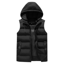 (Black, L) Men Padded Gilet Vest Hooded Sleeveless Quilted Coat Body Warmer Parka  Jacket