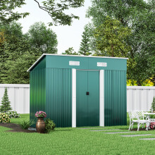 8 x 4 ft Pent Metal Garden Shed Outdoor Tool Storage House with Lockable Door and Base Frame, Dark Green