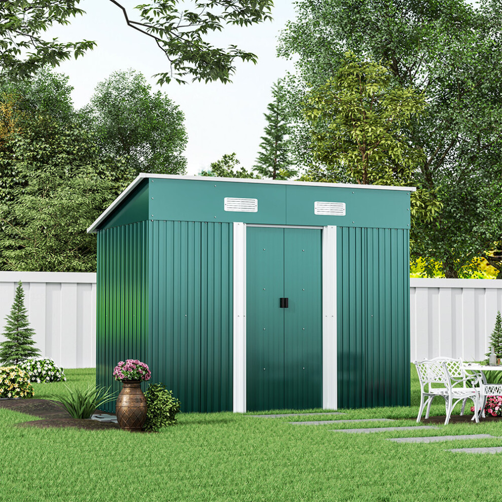 8 x 4 ft Pent Metal Garden Shed Outdoor Tool Storage House with Lockable Door and Base Frame, Dark Green