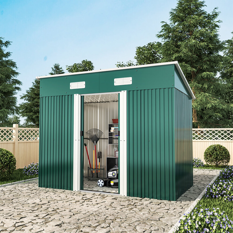 8 x 4 FT Galvanized Material Garden Shed Outdoor Garden Sheds Storage Metal Base, Dark Green