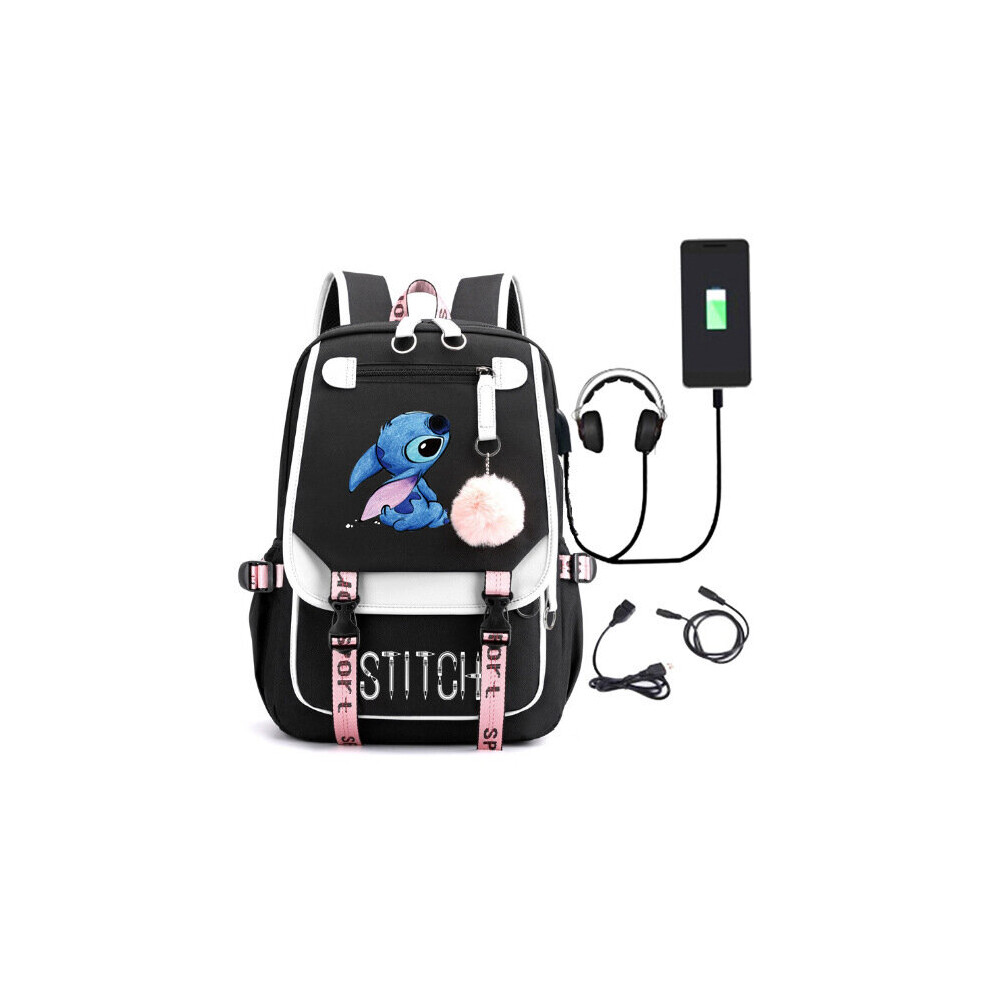 (Black-B) Stitch Students Backpack Boys Girls Outdoor Cartoon Daypack With Usb Charge Port