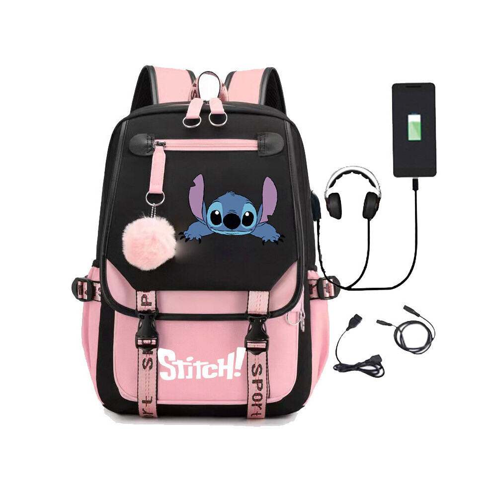 (Pink-A) Stitch Students Backpack Boys Girls Outdoor Cartoon Daypack With Usb Charge Port