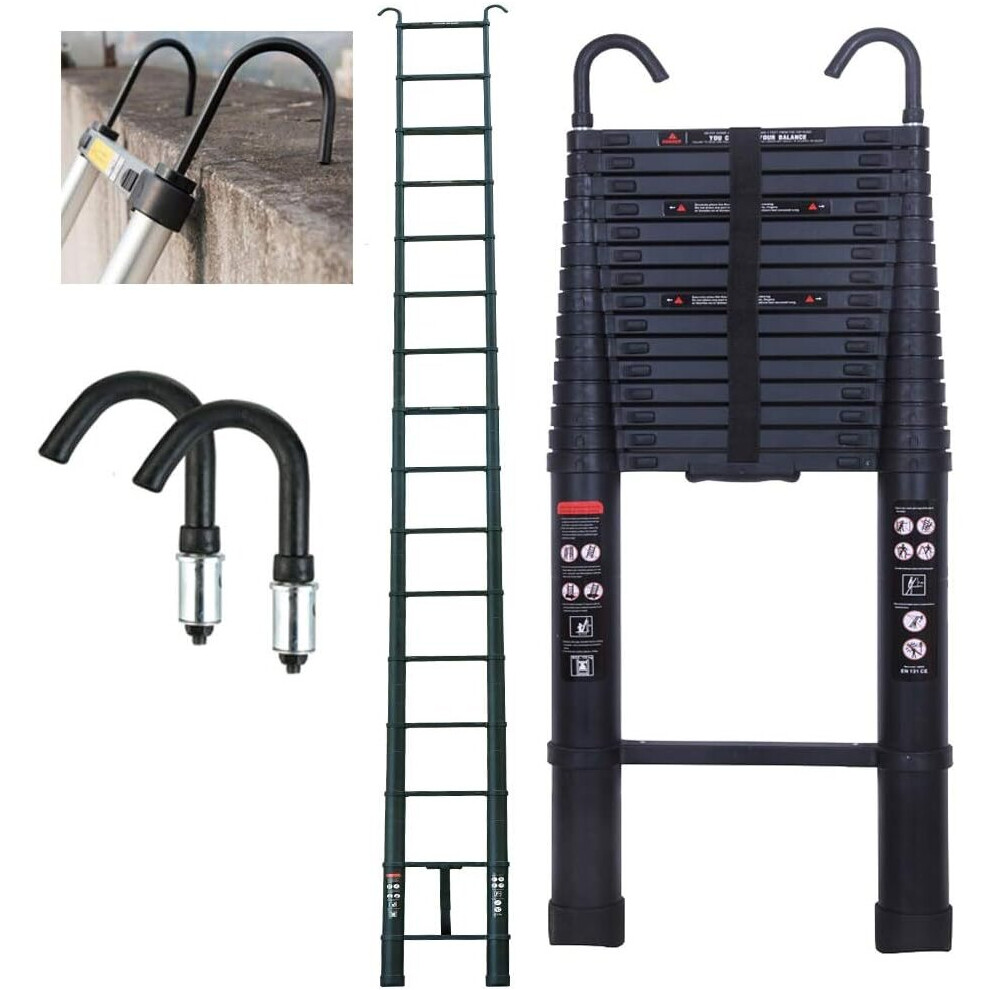 6.2M Telescopic Ladder Come wiht Roof Hook Kit Aluminium Black Portable Multi-Purpose Folding Extension Ladders EN 131