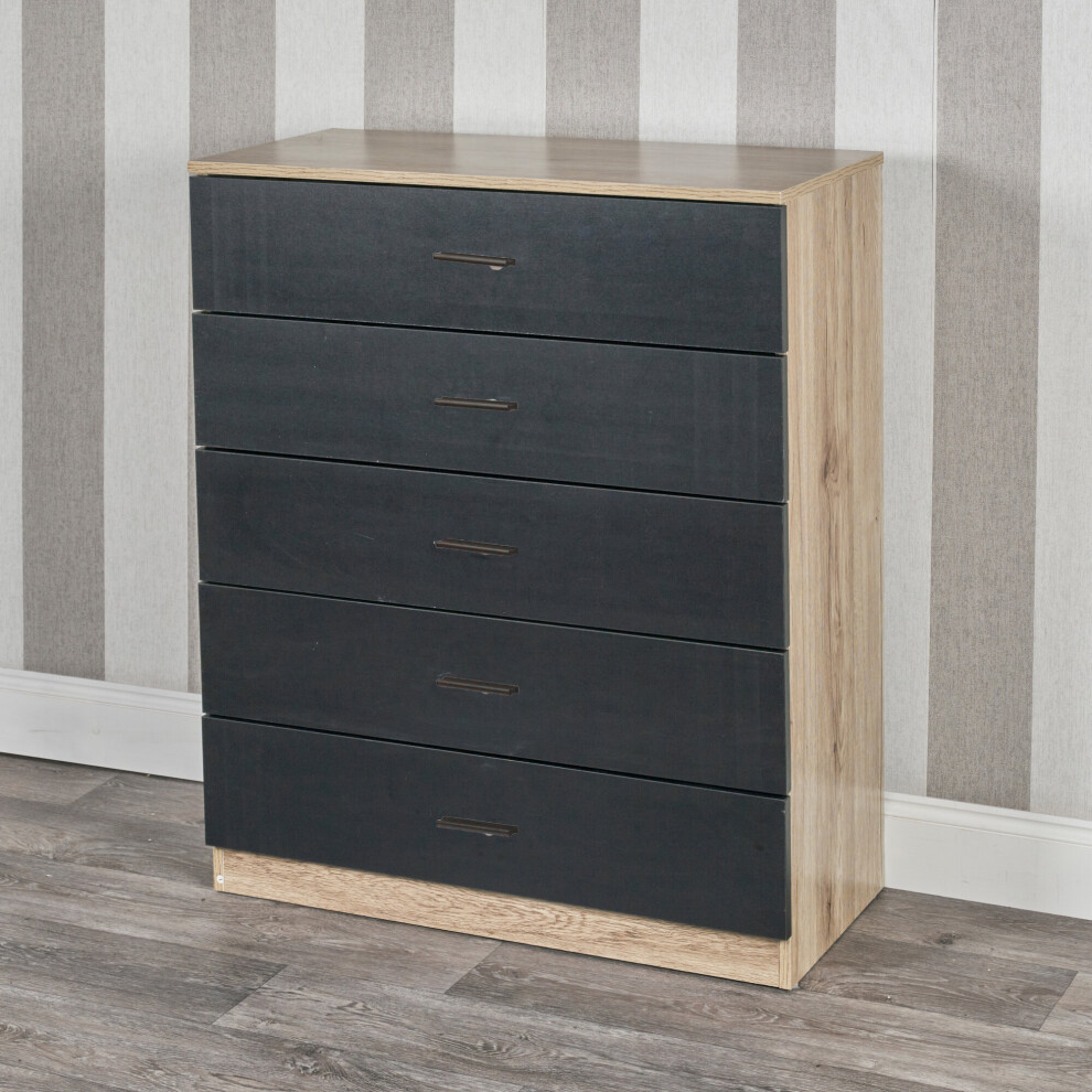 (Oak Carcass with Black Drawers, 5) URBNLIVING 4-5 Drawer Wooden Bedroom Chest Cabinet