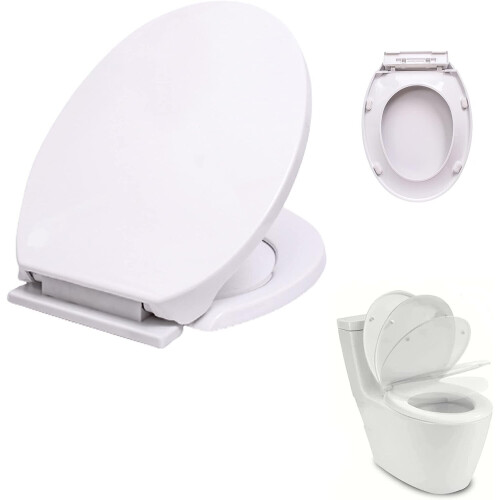 Slow Soft Close White Toilet Seat, Easy Top Fix, Adjustable Hinges, White Plastic Loo Seat
