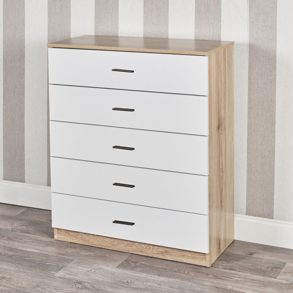 (Oak Carcass with White Drawers, 5) URBNLIVING 4-5 Drawer Wooden Bedroom Chest Cabinet