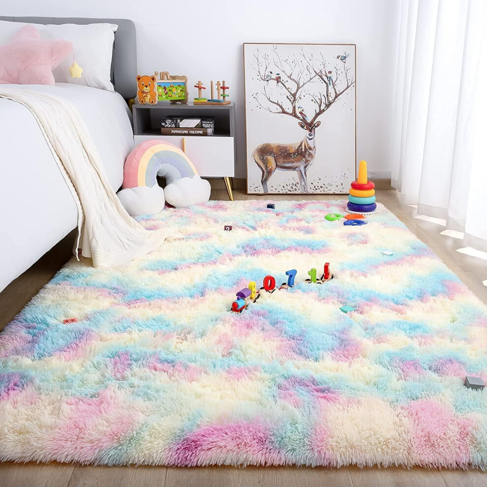 (200cm X 290cm (6ft 8" X 9ft 7")) Fluffy Shaggy Rugs Non-Slip Rug Carpet Rainbow