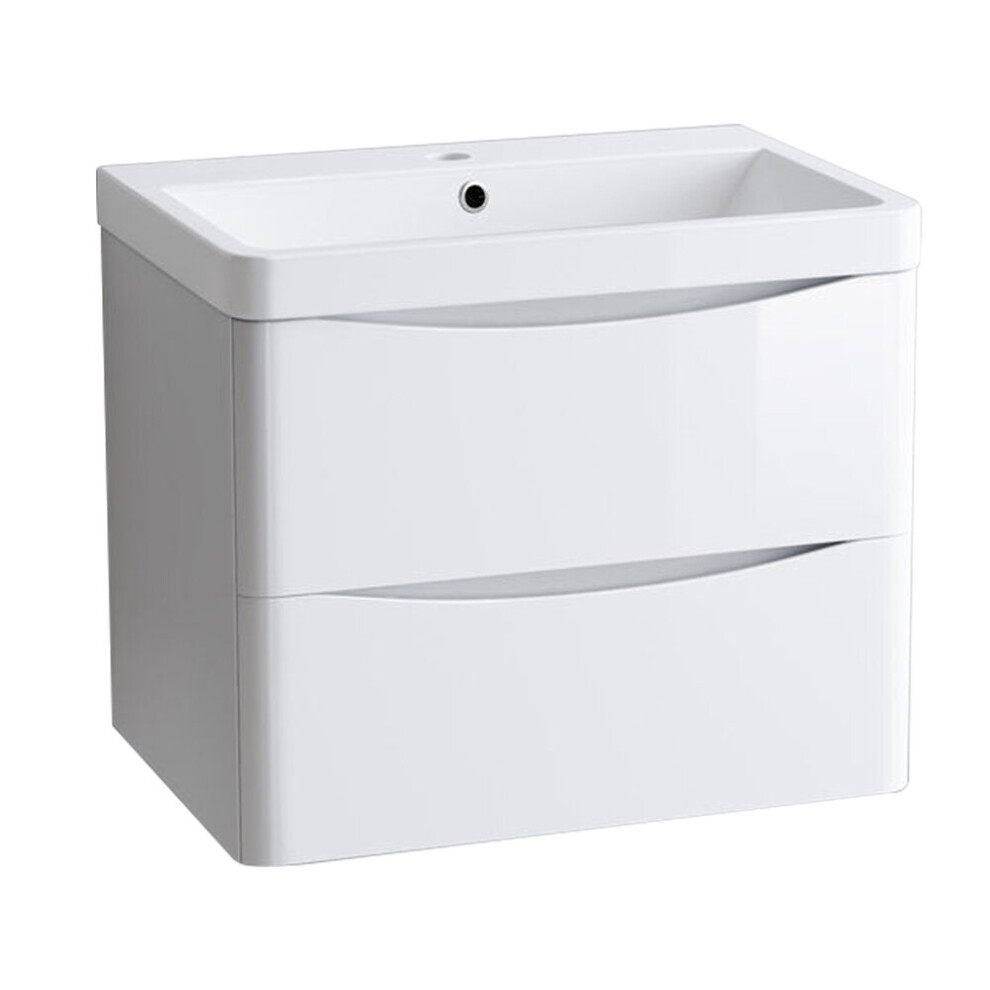 NRG 600mm Gloss White 2 Drawer Wall Hung Bathroom Cabinet Vanity Sink Unit with Basin