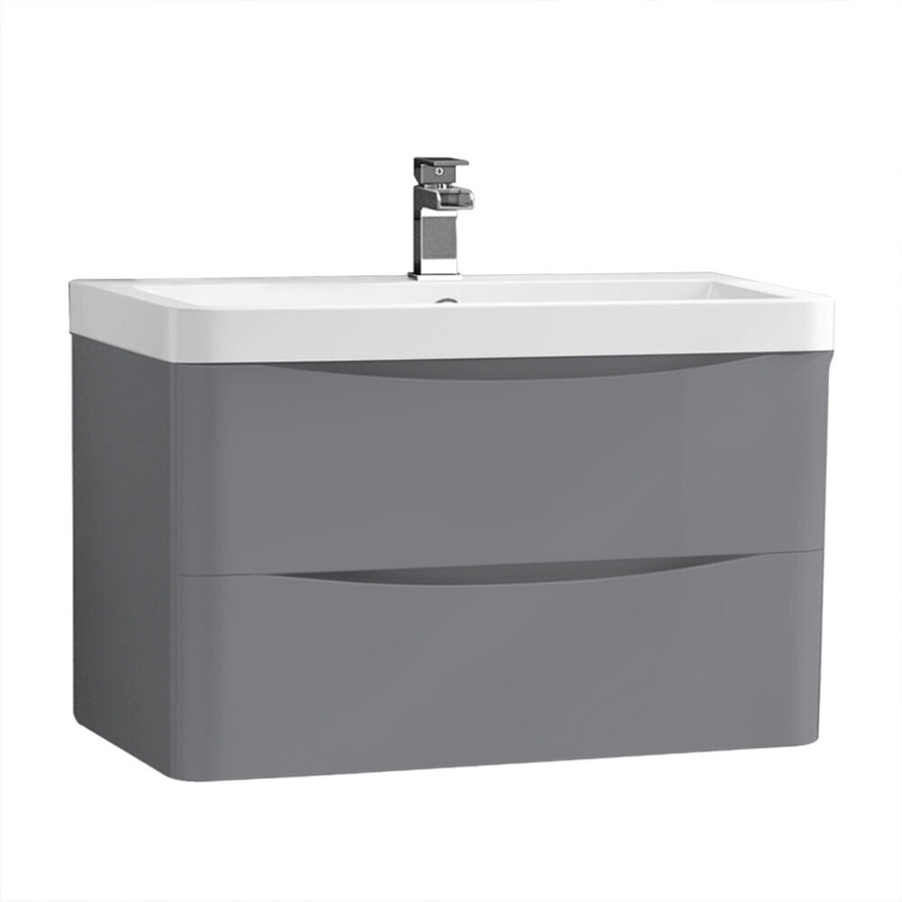 NRG 800mm Gloss Grey 2 Drawer Wall Hung Bathroom Cabinet Vanity Sink Unit with Basin