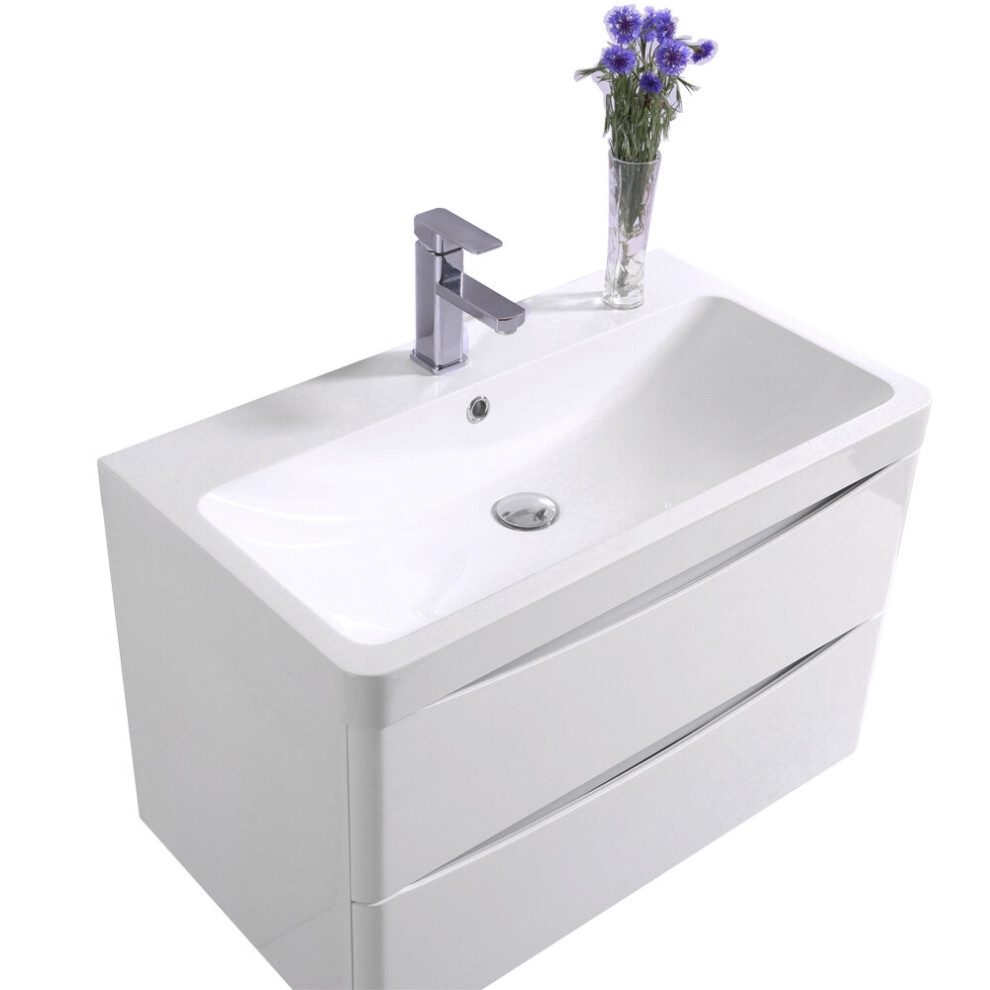 NRG 800mm Gloss White 2 Drawer Wall Hung Bathroom Cabinet Vanity Sink Unit with Basin