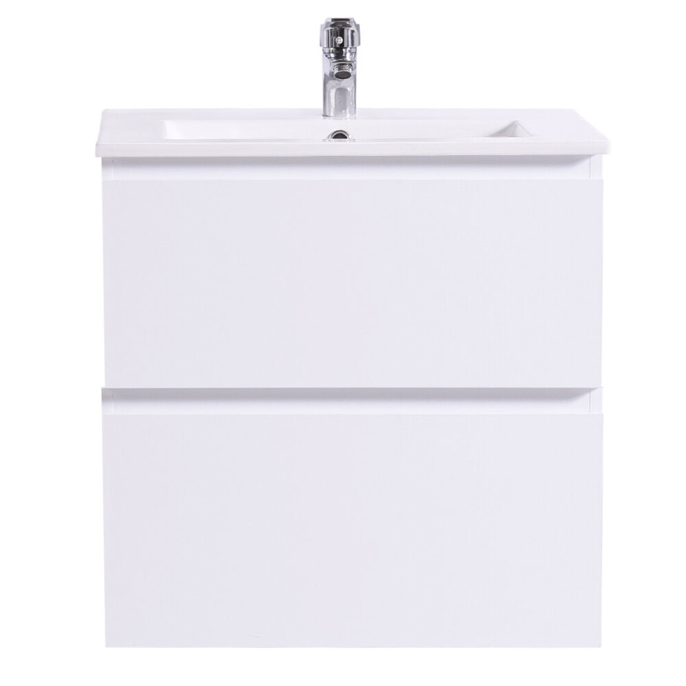 NRG 600mm Gloss White 2 Drawer Hung Cabinet Vanity Sink Unit Ceramic Basin Bathroom Storage Furniture