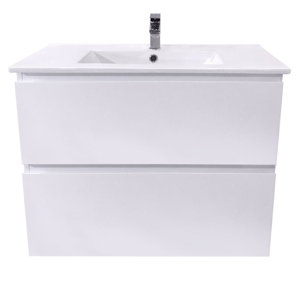 NRG 800mm Gloss White 2 Drawer Hung Cabinet Vanity Sink Unit Ceramic Basin Bathroom Storage Furniture