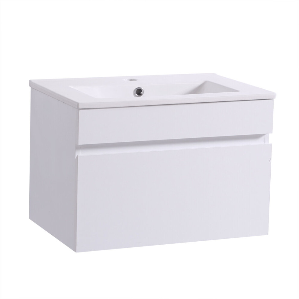 NRG 600mm Gloss White Wall Hung Vanity Sink Unit Ceramic Basin Bathroom Drawer Storage Furniture