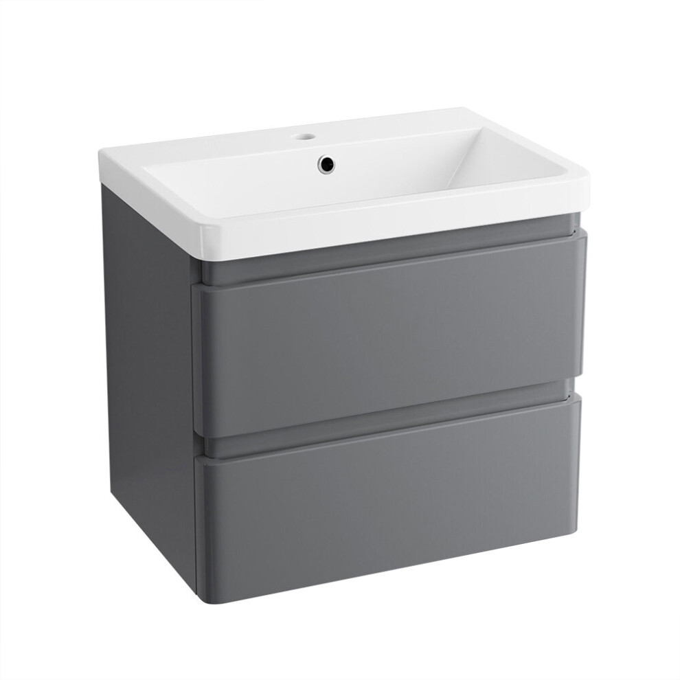 Nrg 600Mm Wall Hung 2 Drawer Vanity Unit Basin Storage Bathroom Furniture Gloss Grey