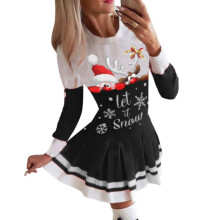 (Black, M) Christmas Womens Long Sleeve Xmas Santa Mini Dress Party Holiday Colorblock Pleated Dress