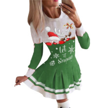 (Green, 2XL) Christmas Womens Long Sleeve Xmas Santa Mini Dress Party Holiday Colorblock Pleated Dress