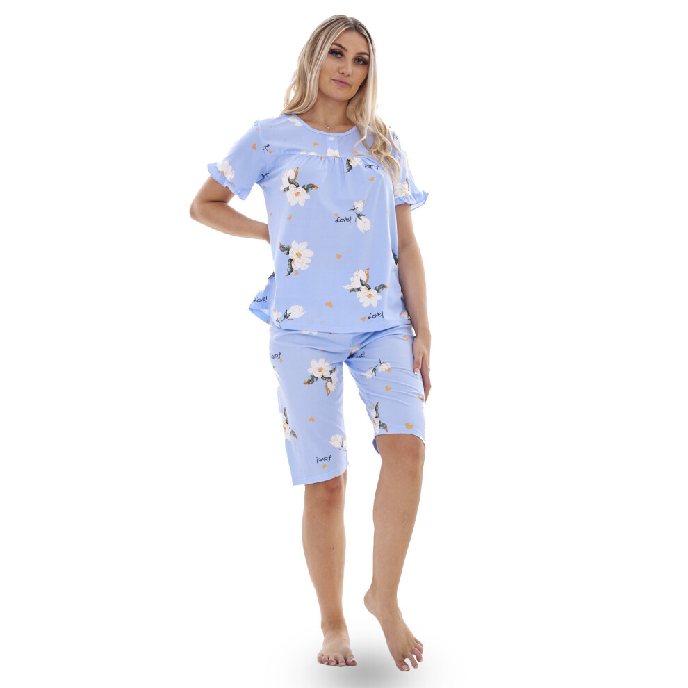 (Blue, M) Ladies Capri Pyjama Set Short Floral Short Sleeve Love Cropped PJs M to XXL