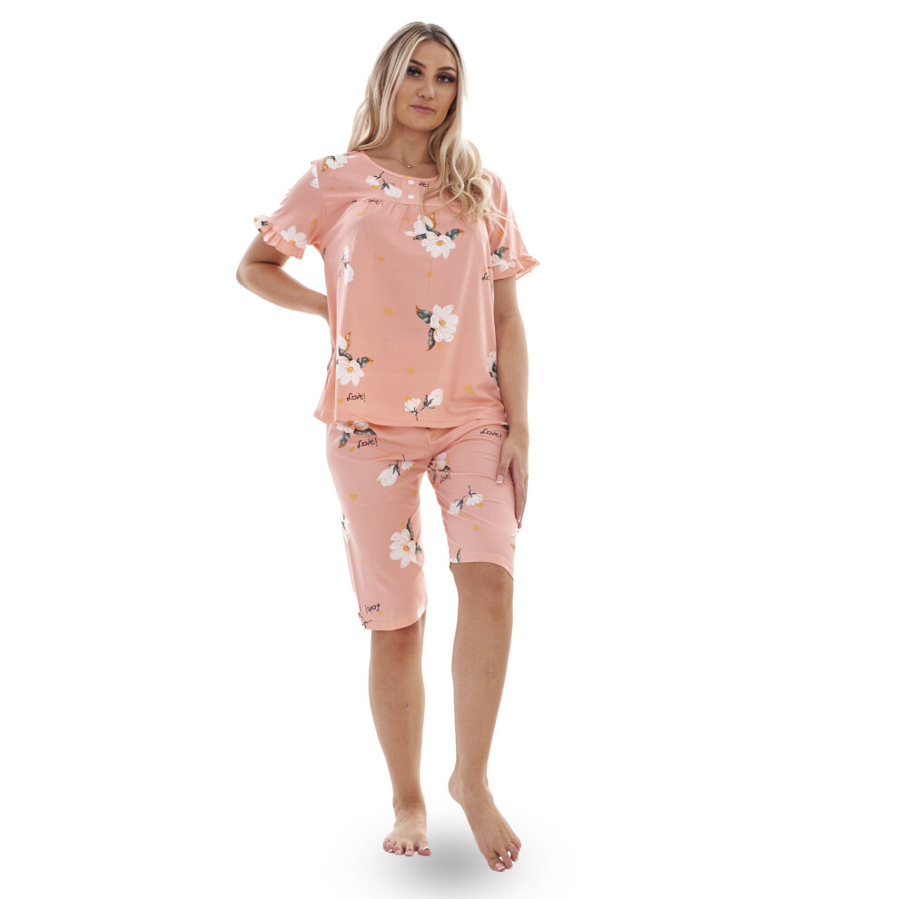 (Peach, M) Ladies Capri Pyjama Set Short Floral Short Sleeve Love Cropped PJs M to XXL