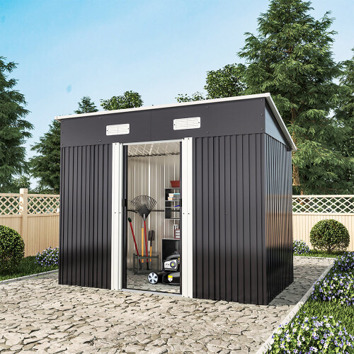 Living And Home 8 x 4 ft Metal Garden Shed Tool Storage with Base Frame, Charcoal Black