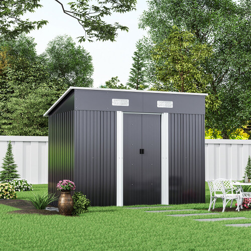 Living And Home 8 x 4 ft Metal Garden Shed Tool Storage with Base Frame, Charcoal Black 1