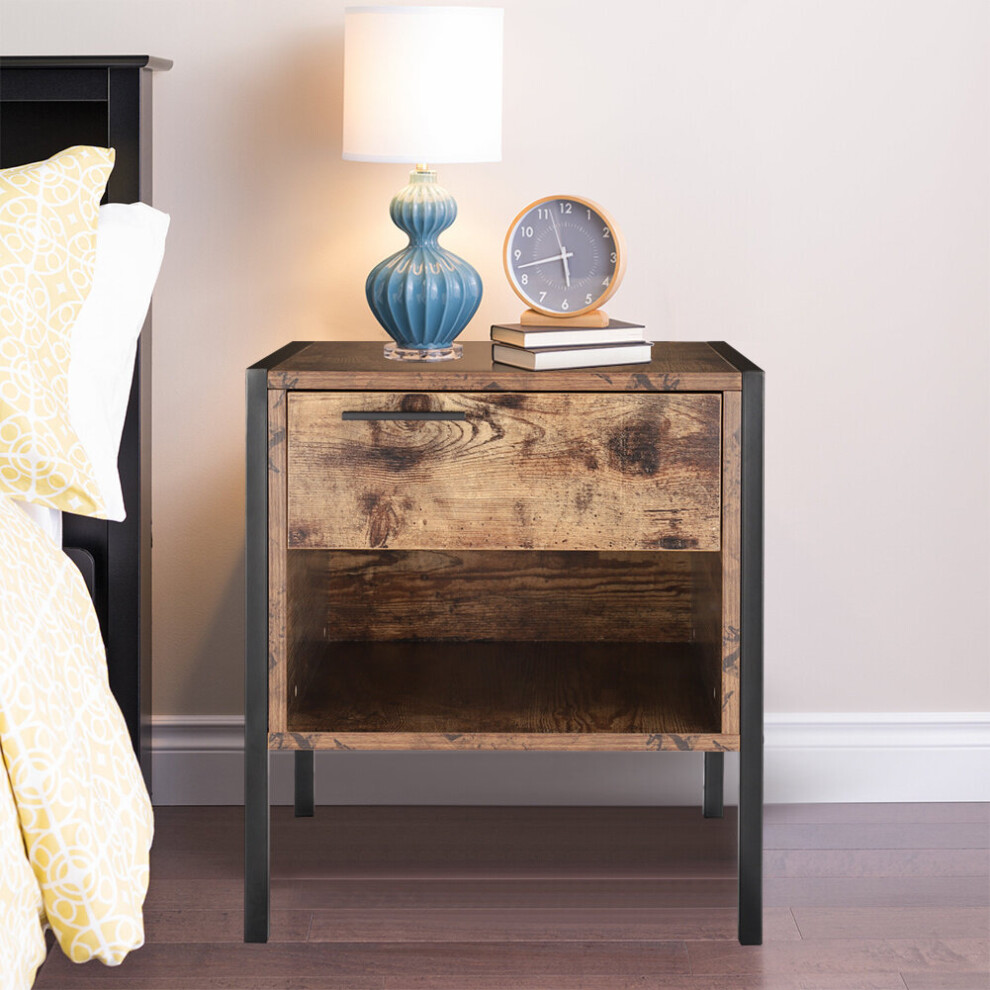 Industrial Bedside Table Nightstand with Drawer & Storage Shelf
