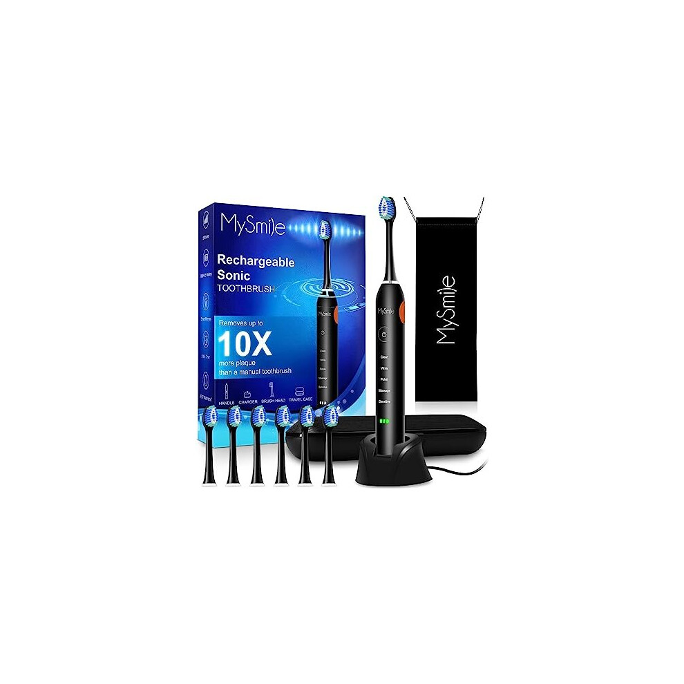 MySmile Electric Toothbrush for Adults, Rechargeable Sonic Electronic Toothbrush with 6 Brush Heads and Travel Case, 5 Modes 2 Mins Smart Timer