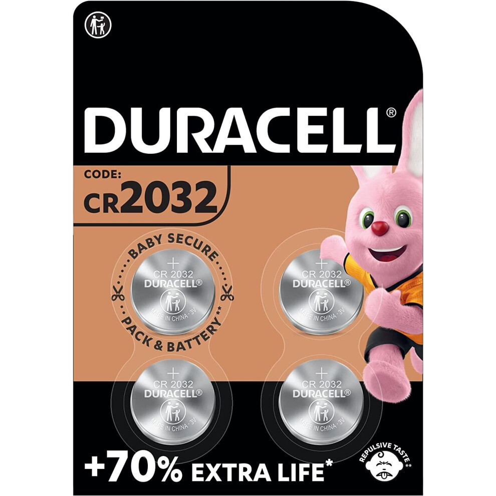 Duracell Specialty 2032 Lithium Coin Battery 3V pack of 4 with Baby Secure Technology and suitablescales wearables and medical devices (DL2032/CR2032)