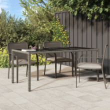 vidaXL Garden Table Grey Tempered Glass and Poly Rattan Patio Dinner Table