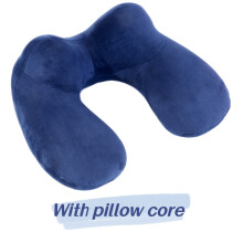 (Blue) Air Inflatable Neck Pillow Set Ushaped Camel Hump Long Travel Earplug Blindfold