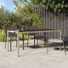vidaXL Garden Table Beige Tempered Glass and Poly Rattan Patio Dining Table