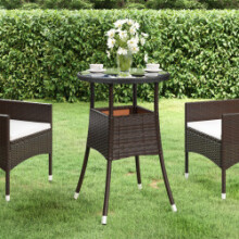 vidaXL Garden Table Ø60 cm Tempered Glass and Poly Rattan Brown Patio Table